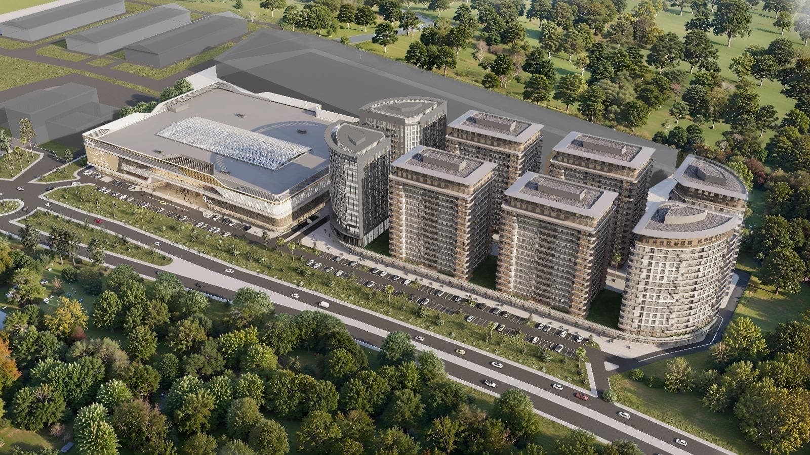 V Mall Ağrı yerleşkesinin gündüz kuş bakışı render görseli