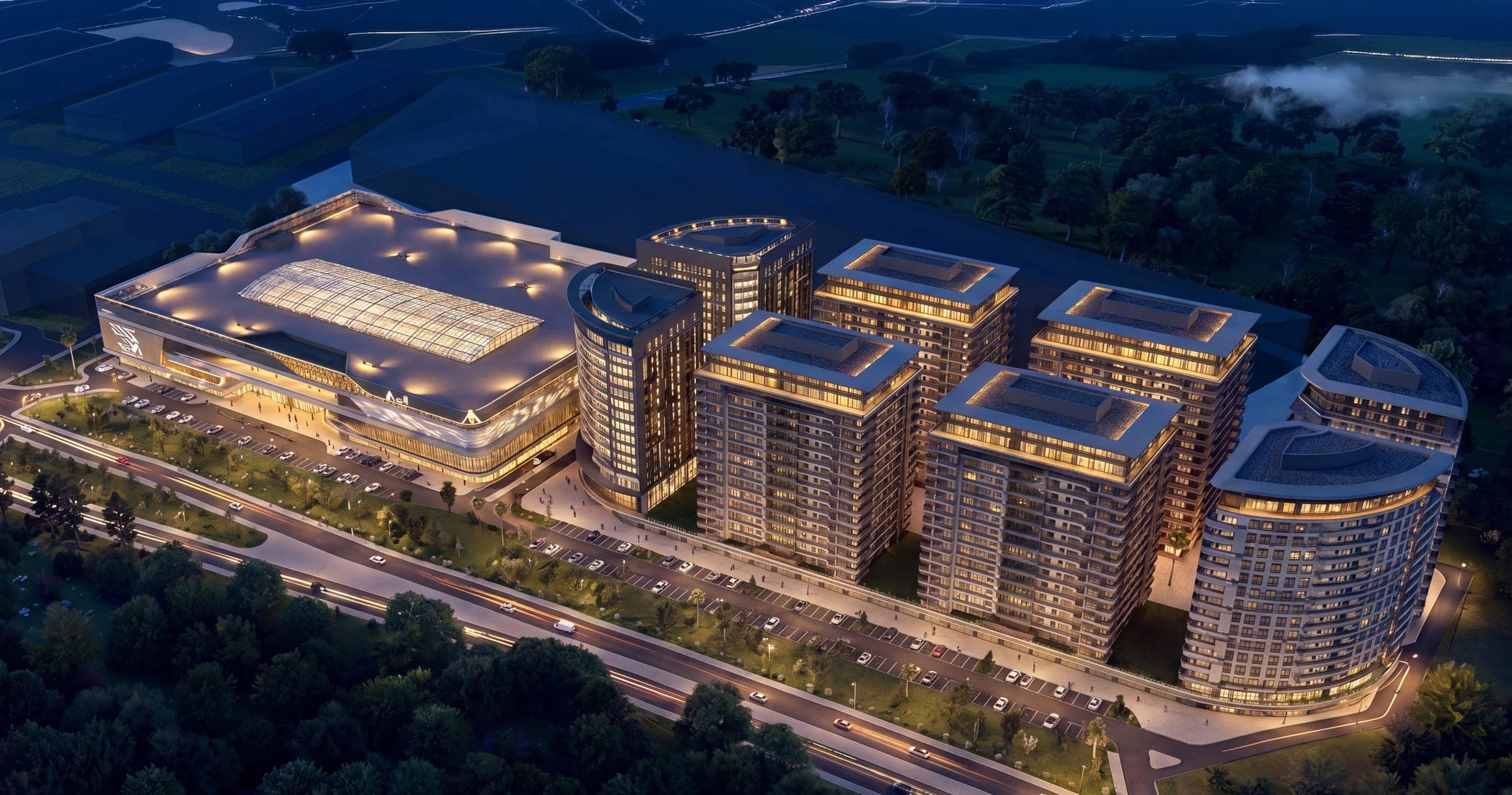 V Mall Ağrı yerleşkesinin gece kuş bakışı render görseli, aydınlatılmış AVM ve konut blokları