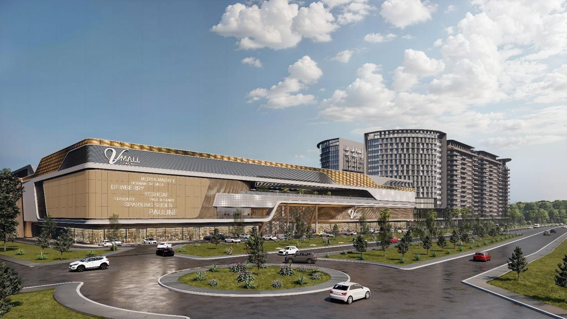 V Mall Ağrı ana giriş cephesi ve logosu, render görseli
