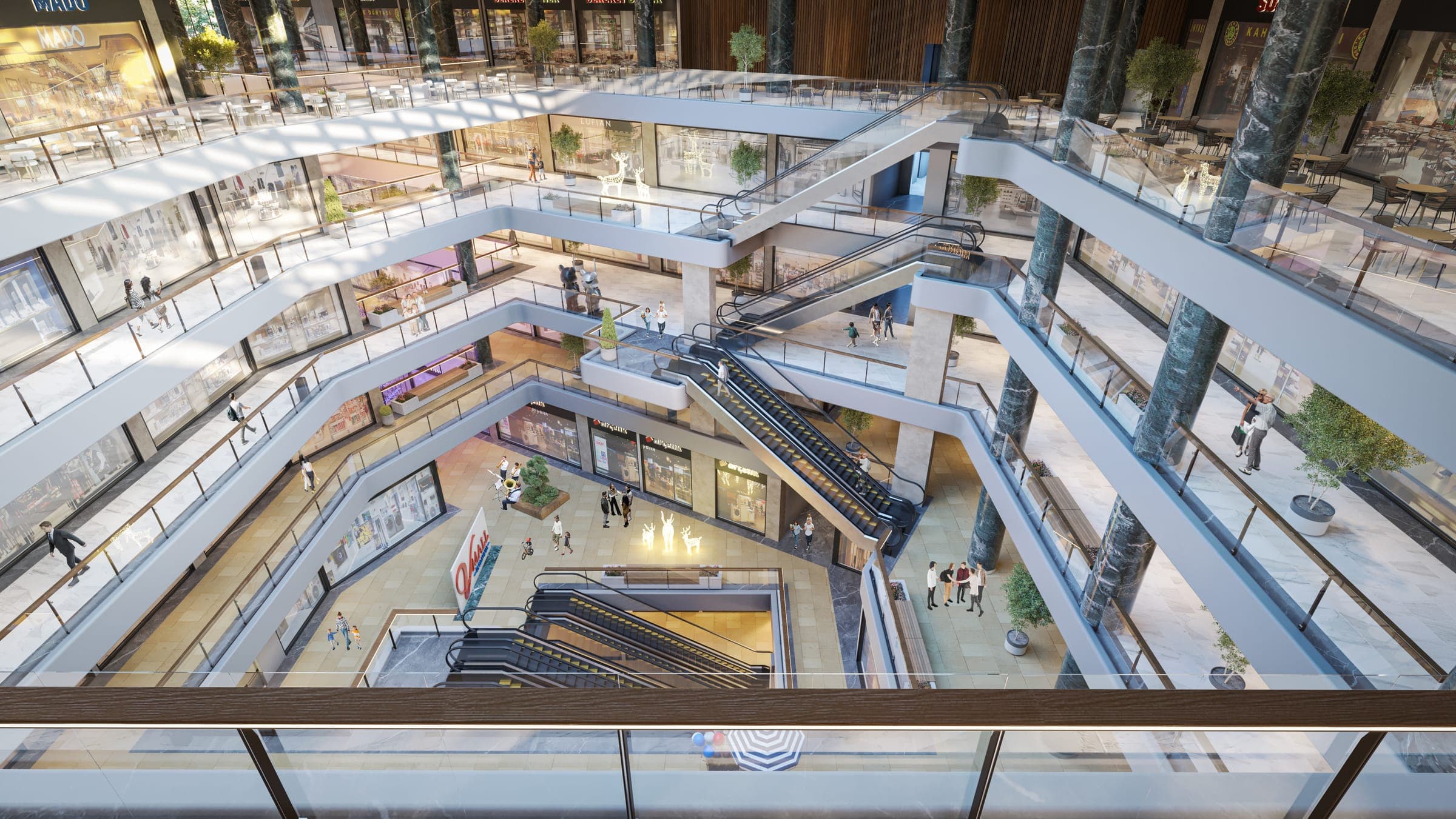 Üst kattan V Mall İstanbul galeri boşluğu ve kesişen yürüyen merdivenler, render görseli