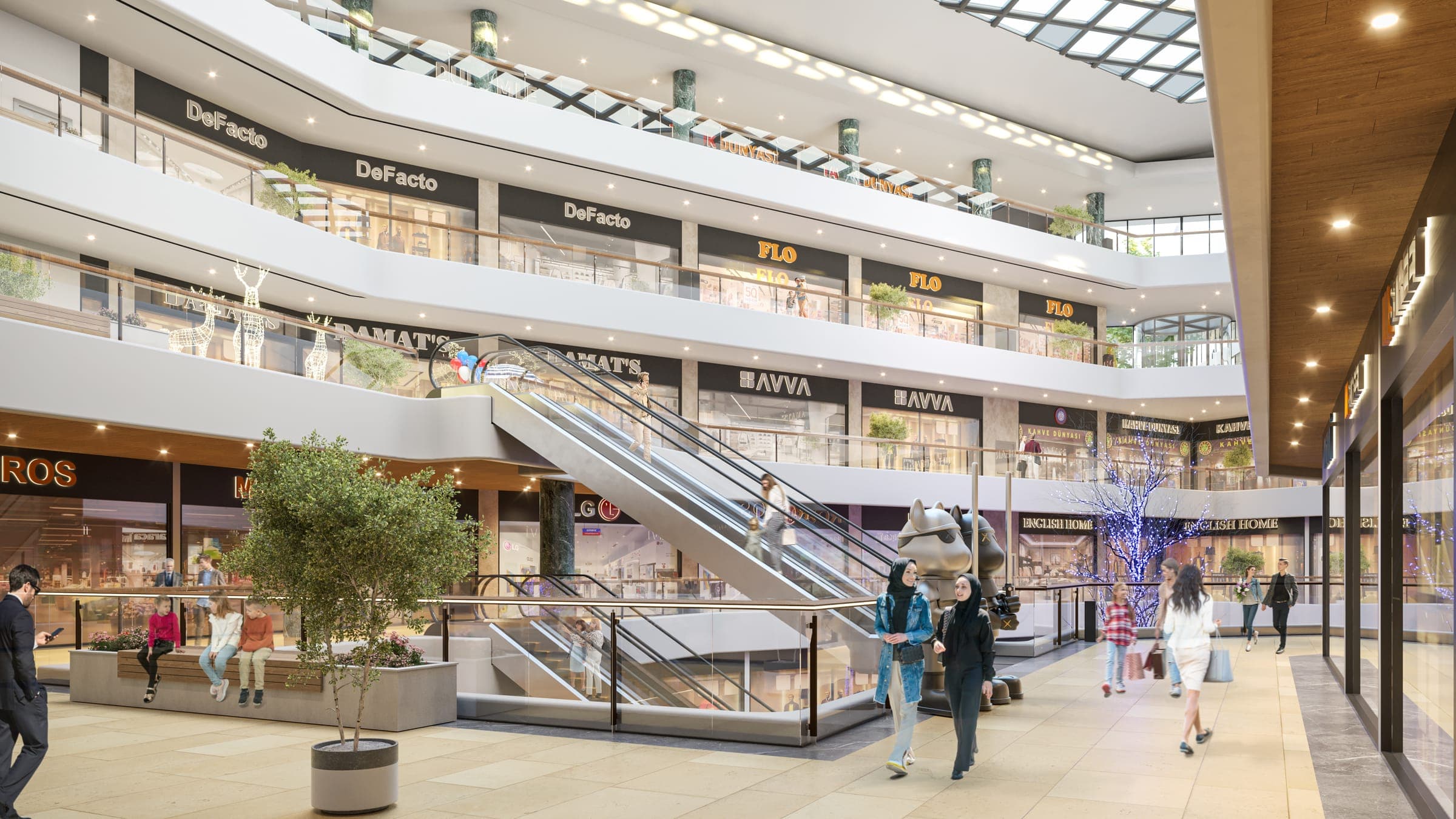 V Mall İstanbul atriumu render görseli; kesişen yürüyen merdivenler, ağaç saksıları ve mağaza katları