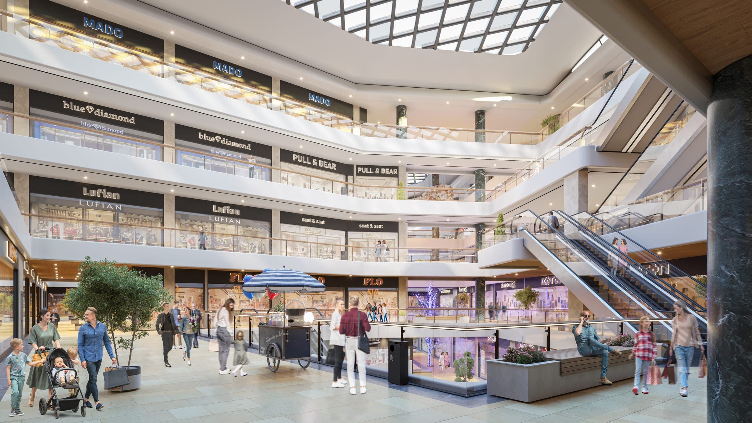 V Mall İstanbul iç sokağı render görseli; ziyaretçiler, kafe adaları ve tepe ışıklığı