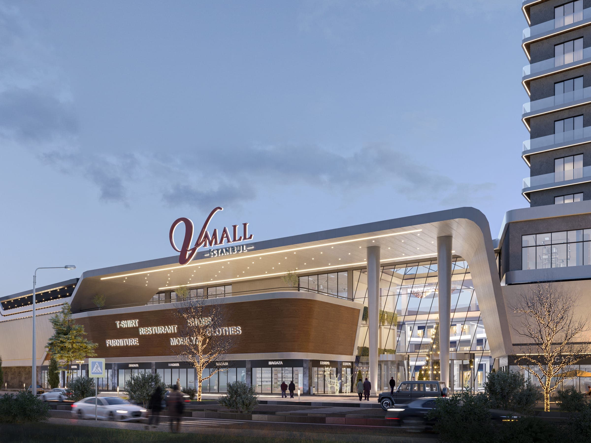 Alacakaranlıkta V Mall İstanbul ana giriş kanopisi ve logosu, render görseli