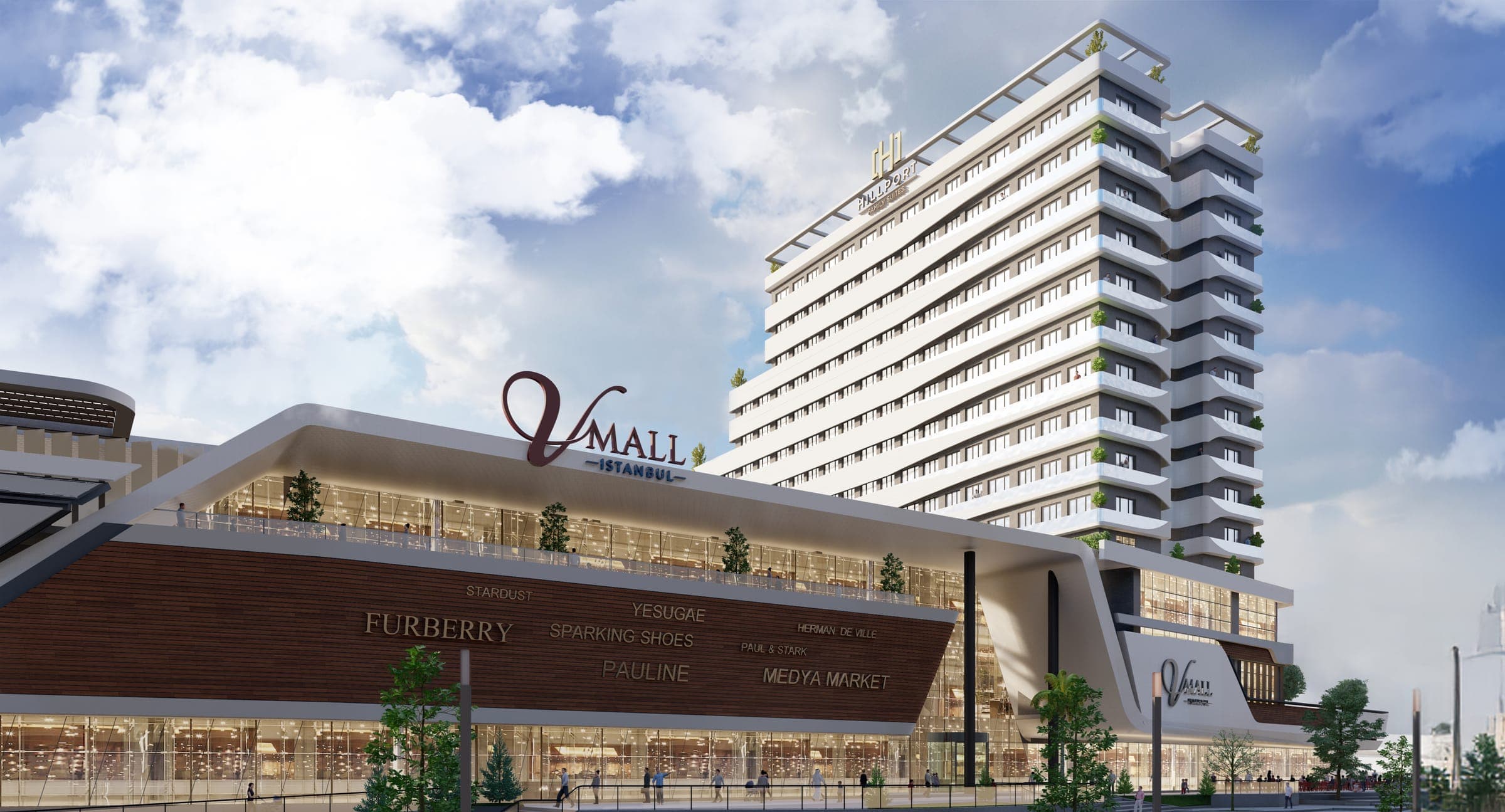 V Mall İstanbul ve bitişiğindeki konut kulesinin gündüz render görseli