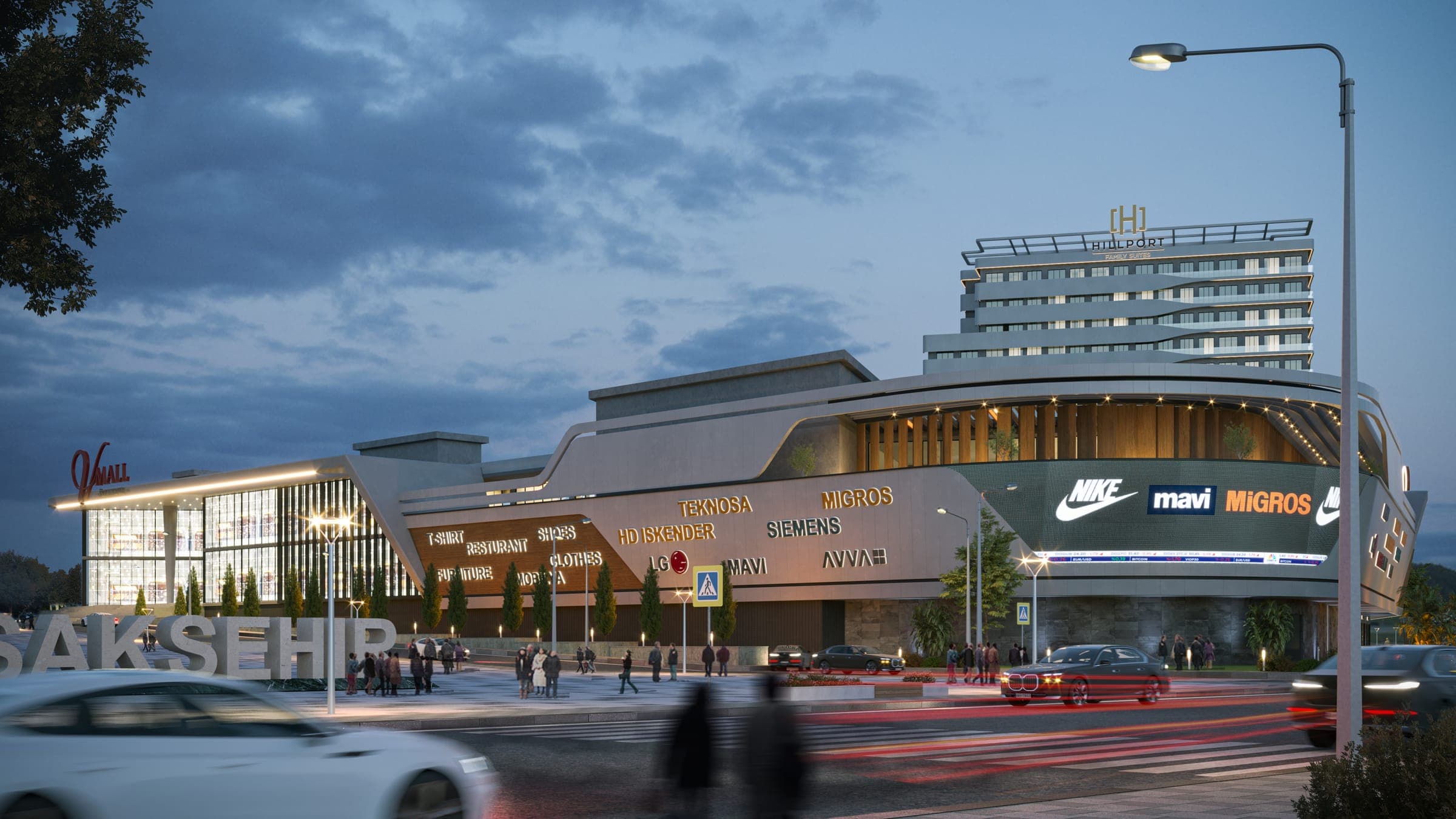 Akşam trafiğinden V Mall İstanbul cephesi render görseli; marka tabelaları ve Başakşehir yönlendirmesi