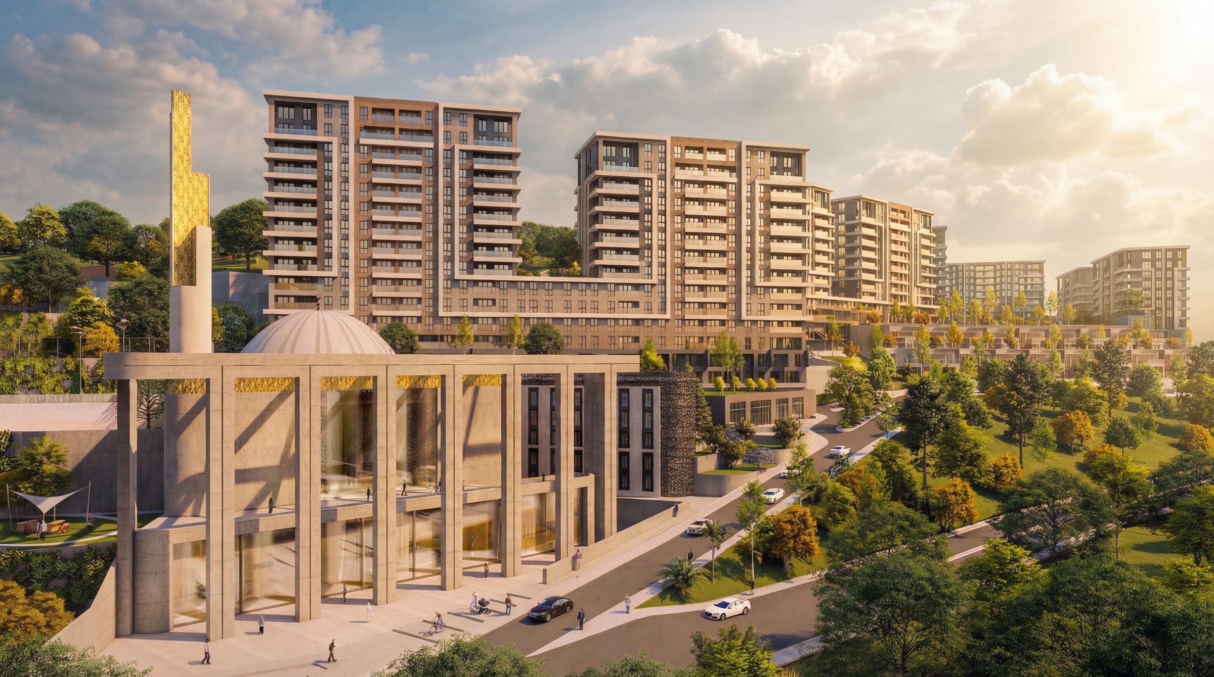 V Yeşilada'nın anıtsal giriş kapısı ve blokları, gün batımı render görseli