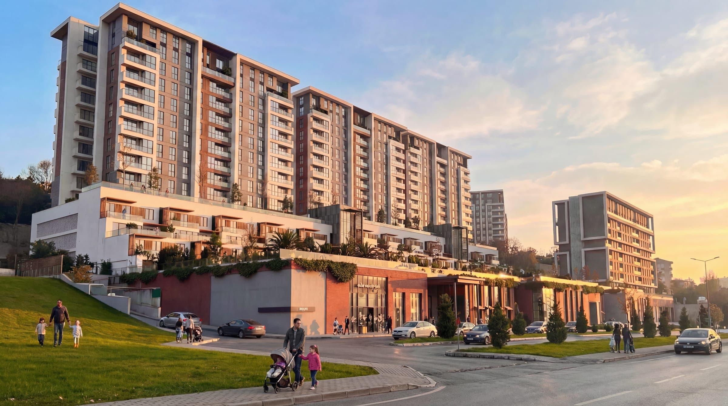 Gün batımında V Yeşilada blokları ve ortak yeşil alanı, render görseli