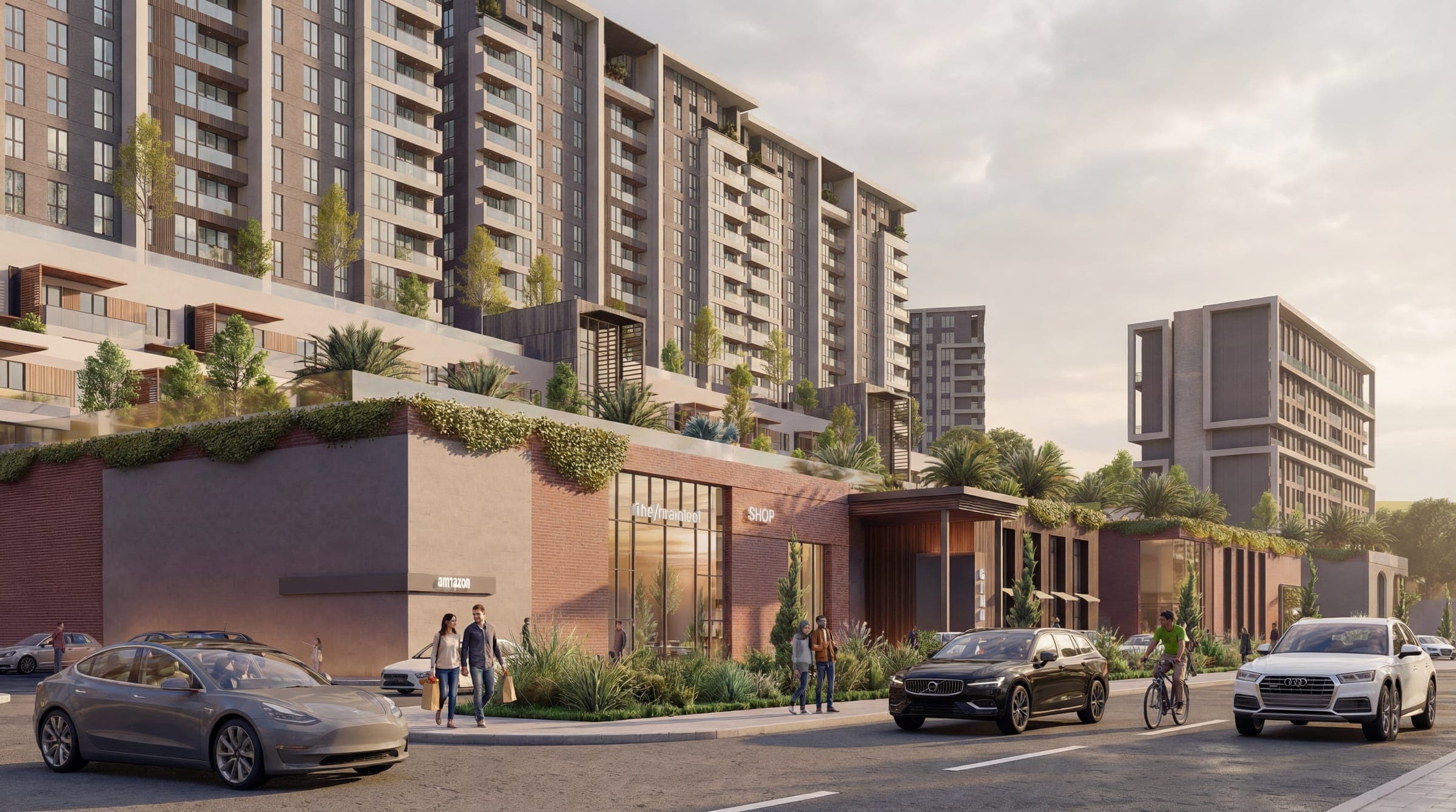 V Yeşilada cadde kotu render görseli; peyzajlı teras podyum ve ticaret üniteleri