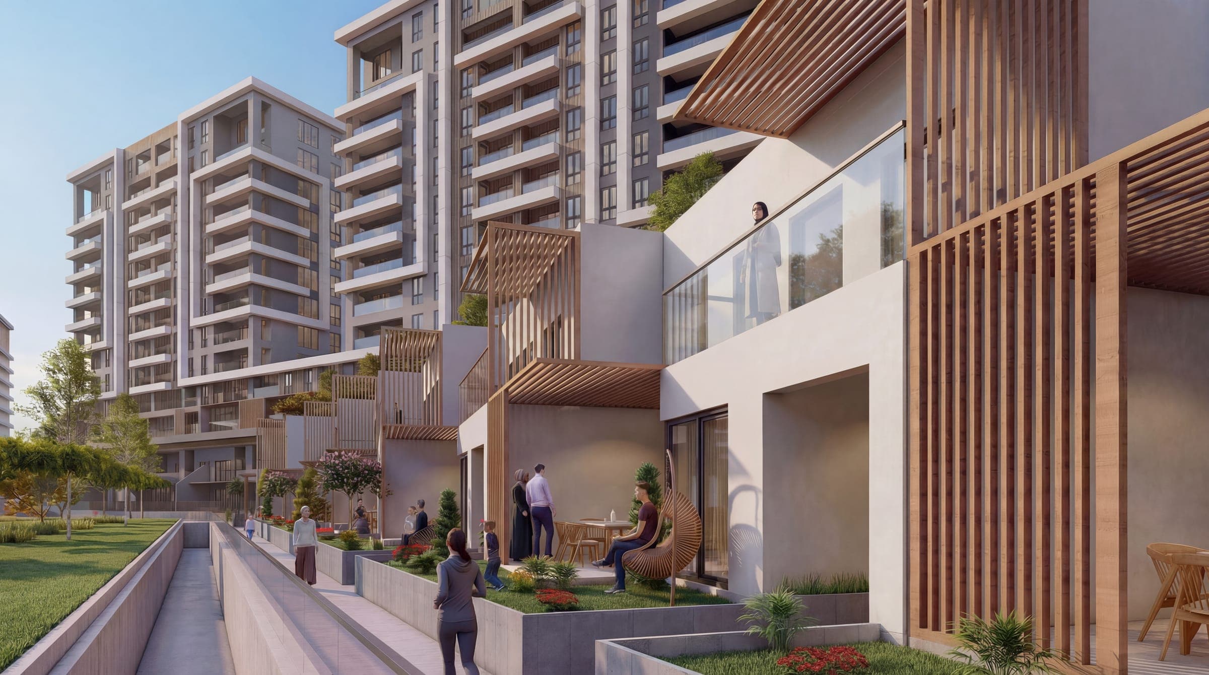 V Yeşilada ortak terası render görseli; ahşap güneş kırıcılar ve oturma alanları
